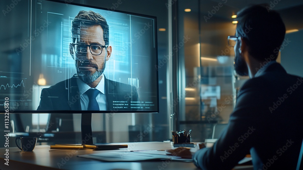 Poster a business meeting with a digital avatar on a computer screen.
