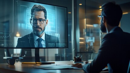 A business meeting with a digital avatar on a computer screen.