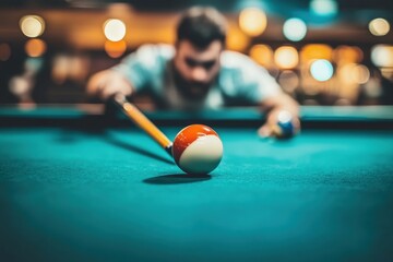 Dynamic action shot of a pool player executing a jump shot in a lively sports bar environment with a focus on the pool table and game dynamics for engaging visual impact