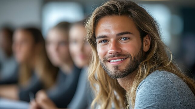 Young man with long hair smiling in modern classroom setting while engaging with peers, showcasing positive learning environment and camaraderie among students