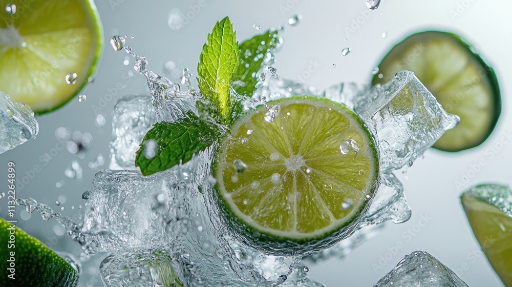 Poster a splash of lime and mint in ice, creating a refreshing drink scene.