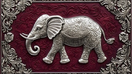 A stunning silver elephant motif embossed on traditional Thai patterns, with symmetrical flourishes and a bold burgundy backdrop