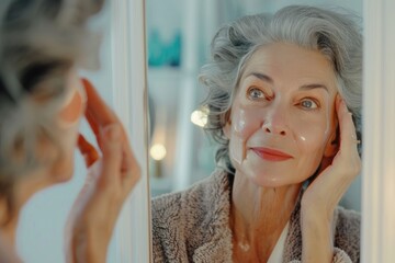 Fototapeta premium Middle aged woman models healthy pampered skin in mirror reflection.