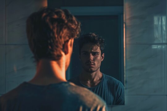 identity absence surreal concept; man in front of mirror reflecting himself without face