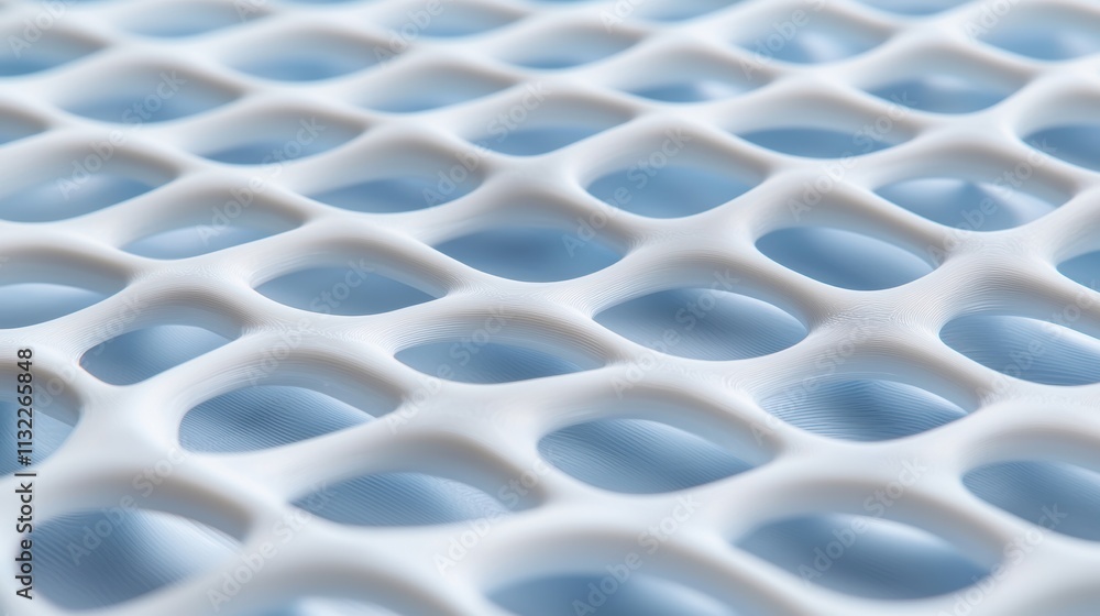Poster white lattice structure with curved openings on a soft blue background