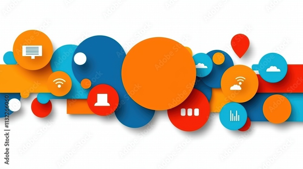 Aufkleber abstract overlapping colorful circles with technology icons on white background. digital infographic