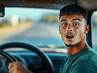 Obraz premium A man with a beard and a surprised expression is driving a car