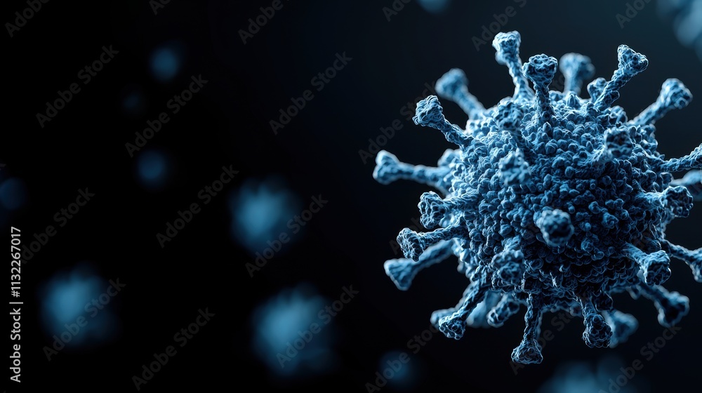 Poster close-up 3d rendering of a blue virus particle on a dark background. microbiology and infectious dis