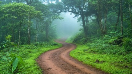 Obraz premium A Foggy Forest Path Winding Through Lush Greenery