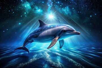 Obraz premium Stunning Low Light Dolphin Photo, Young Dolphin Underwater, Night Ocean Mammal, Dark Sea Wildlife Photography