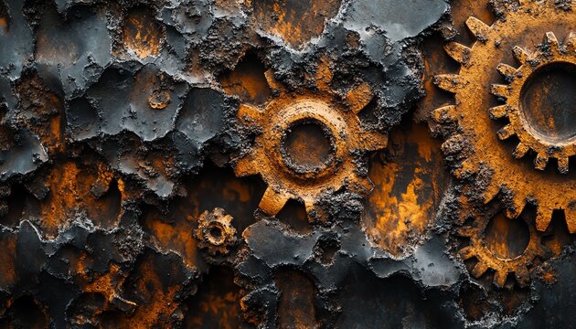 A closeup of corroded gears, intertwined with faded and bugfilled code, representing the downfall of outdated programming languages