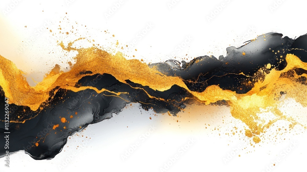 Poster abstract design featuring black and gold flowing elements with splashes.