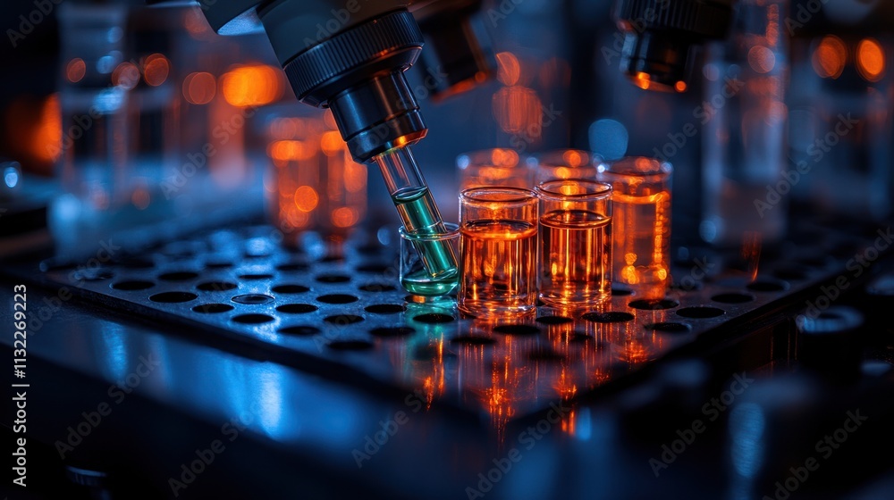 Poster a laboratory setup featuring a microscope and test tubes with colorful liquids.