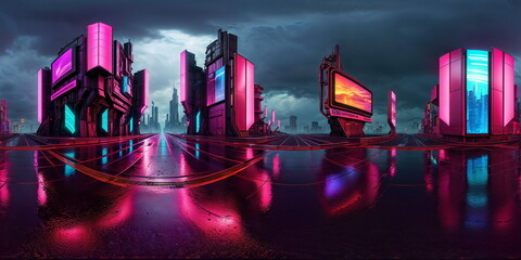 Full 360 degrees seamless spherical panorama HDRI equirectangular projection of Cyberpunk Night City Tron Future. Texture environment map for lighting and reflection source rendering 3d scenes. 