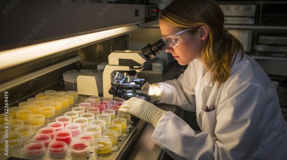Poster a scientist examines samples under a microscope in a laboratory setting.