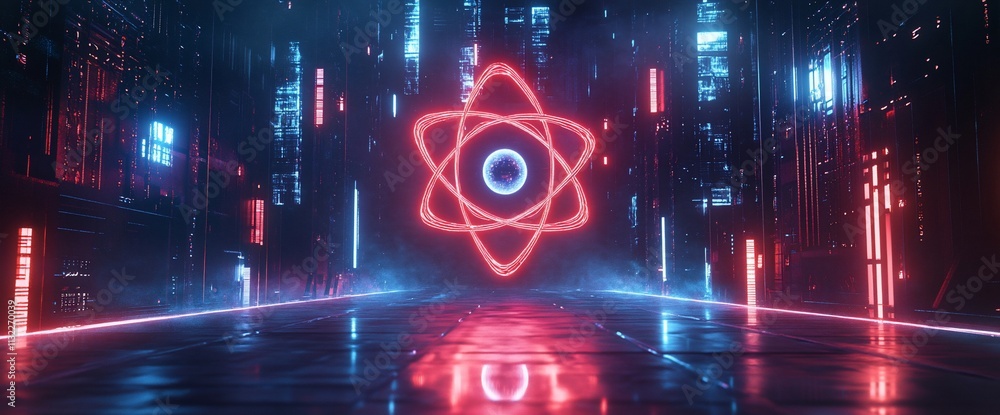 Poster a futuristic digital environment featuring a glowing atomic symbol.