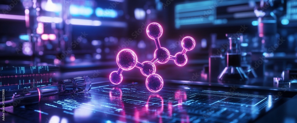 Poster a futuristic molecular model displayed in a high-tech laboratory setting.