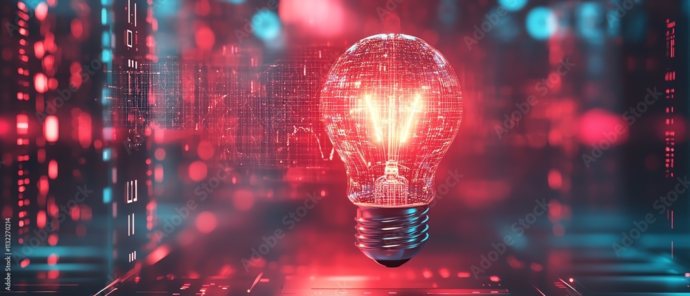 Poster a futuristic light bulb surrounded by digital elements and floating graphs, representing creative th