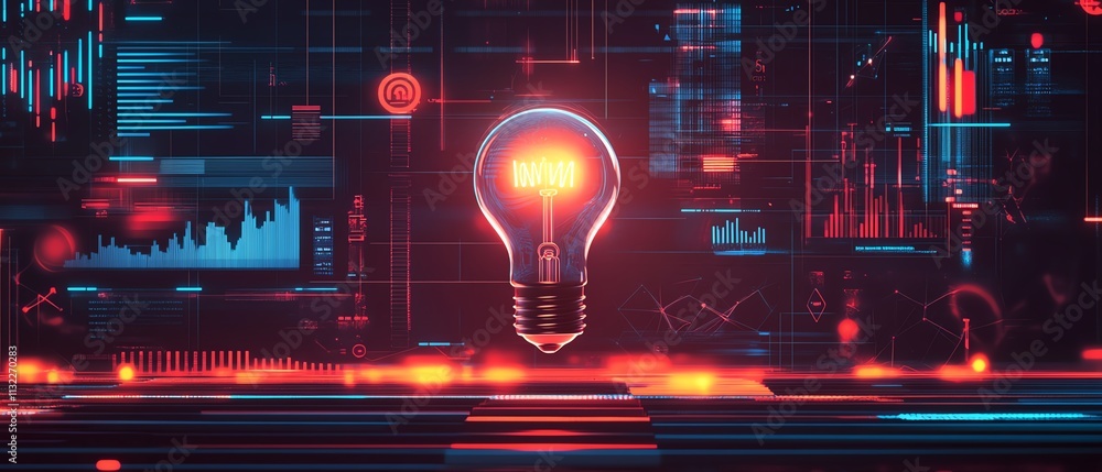 Poster a futuristic light bulb surrounded by digital elements and floating graphs, representing creative th