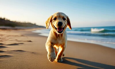 A playful puppy running joyfully along a sandy beach.