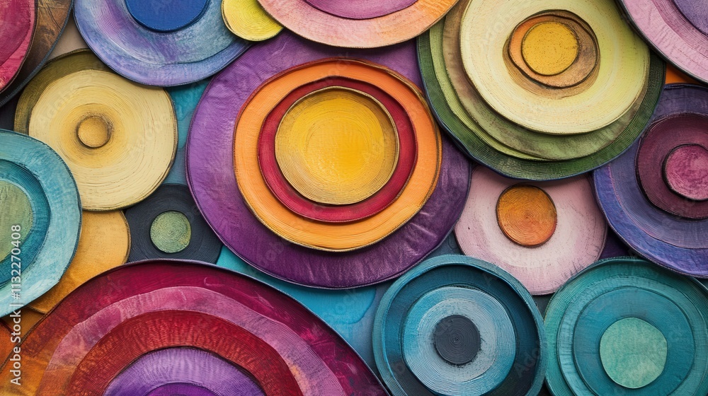 Poster picture an energetic mixed media artwork where overlapping circular shapes in vivid colors interact 
