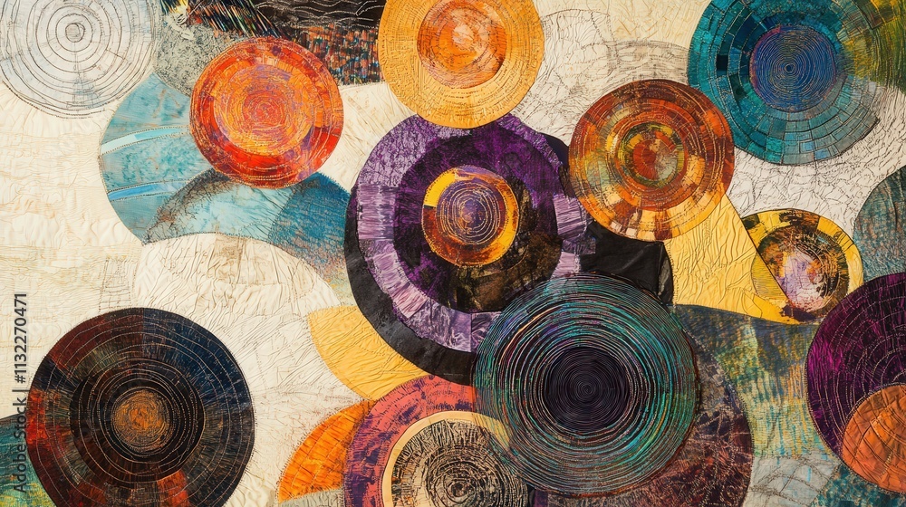 Poster picture an energetic mixed media artwork where overlapping circular shapes in vivid colors interact 