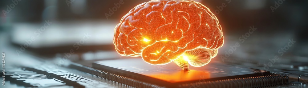 Poster a glowing human brain connected to a hightech processor, symbolizing the fusion of human intelligenc