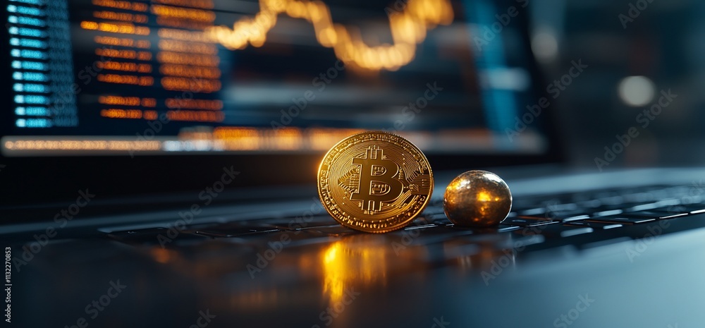 Poster a golden bitcoin and a sphere on a laptop keyboard with financial data displayed.