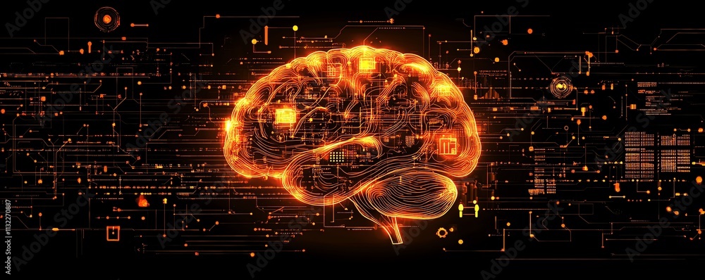 Poster a glowing human brain surrounded by digital code and ai elements, symbolizing the advancement of mac