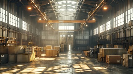 Fototapeta premium Sunlit Industrial Warehouse Interior with Stacked Cargo Containers
