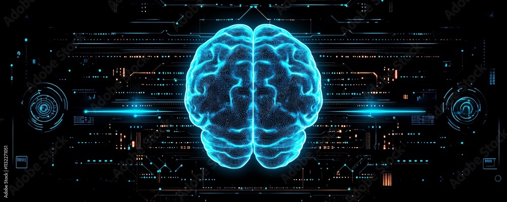 Poster a glowing human brain surrounded by digital code and ai elements, symbolizing the advancement of mac