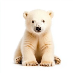 Fototapeta premium Adorable Close-Up of a Young Polar Bear Cub Sitting on a White Background, Showcasing Its Soft Fur and Playful Expression, Perfect for Wildlife and Animal Conservation Themes