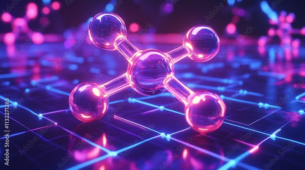 Poster a glowing molecular structure on a digital grid background.
