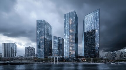 Obraz premium Modern skyscrapers in a city, on a cloudy day, reflecting in wet pavement.