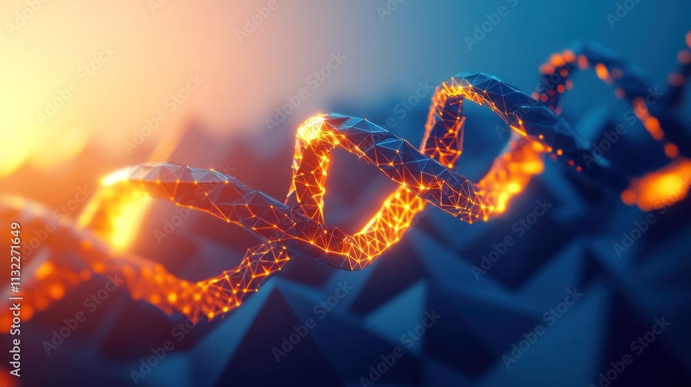Poster a digital representation of a dna helix illuminated against a geometric background.