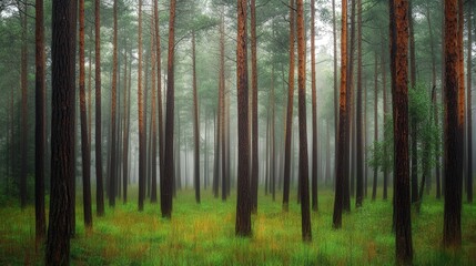Fototapeta premium Rain falls gently over a pine forest, mist weaving through the tall trees, creating a peaceful, fresh scene filled with the scent of wet pine