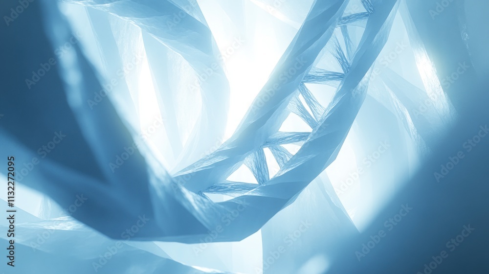Poster a surreal, abstract representation of twisting forms resembling dna or crystalline structures.