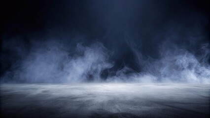 Fototapeta premium A dimly lit room filled with swirling smoke rising from the floor, creating an eerie atmosphere,A shadowy room enveloped in smoke that billows up from the ground, enhancing the mysterious ambiance