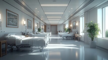 A bright and modern hospital corridor with patient rooms and greenery.