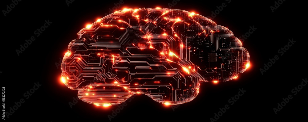 Poster a human brain radiating light from a processor, connected by glowing data streams, symbolizing the e