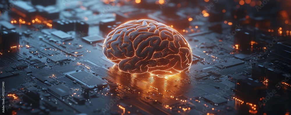 Poster a human brain radiating light from a processor, connected by glowing data streams, symbolizing the e