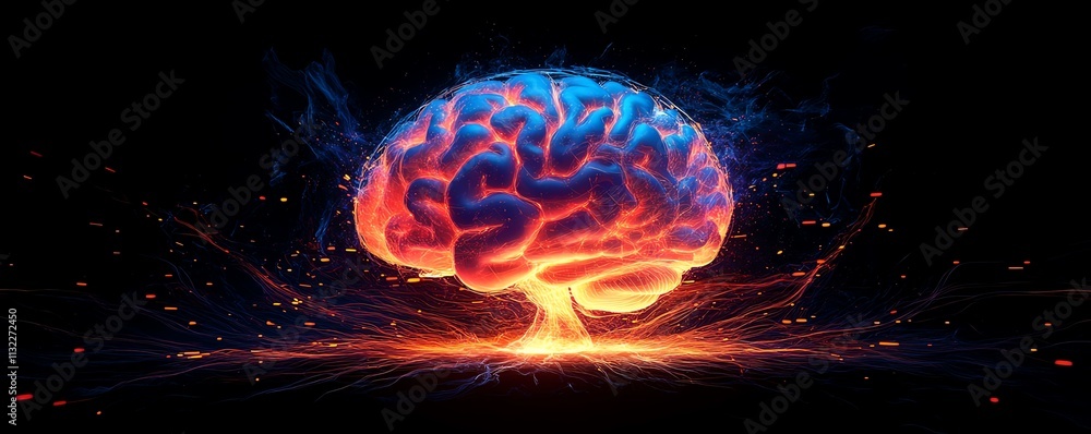 Poster a human brain radiating light from a processor, connected by glowing data streams, symbolizing the e