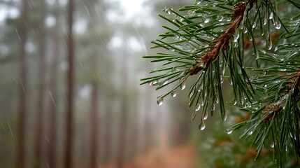 Obraz premium Raindrops hang from needles in a pine forest, mist weaving through the trees, creating a serene, tranquil scene under the tall, green canopy