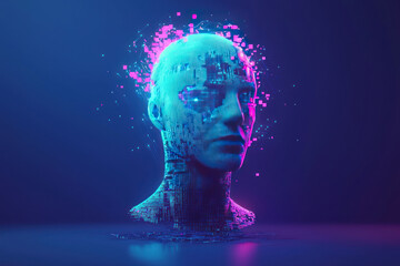 Obraz premium Digital head with glowing blue and pink pixels, representing technology and creativity