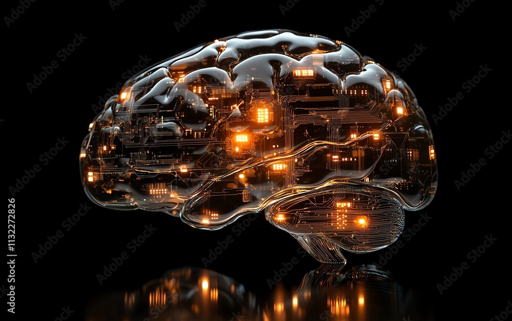 Poster a human brain with interconnected circuits and glowing data nodes, symbolizing the advanced fusion o