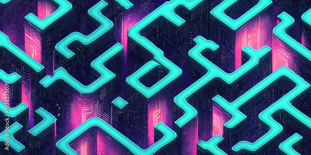 Poster abstract neon maze pattern with vibrant colors and digital elements