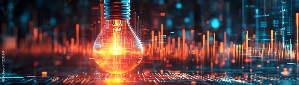Poster a light bulb with glowing patterns of business charts and data streams, symbolizing geniuslevel inno