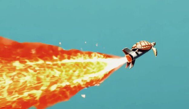 Creative rocket-shaped turtle flying through blue sky with fiery propulsion