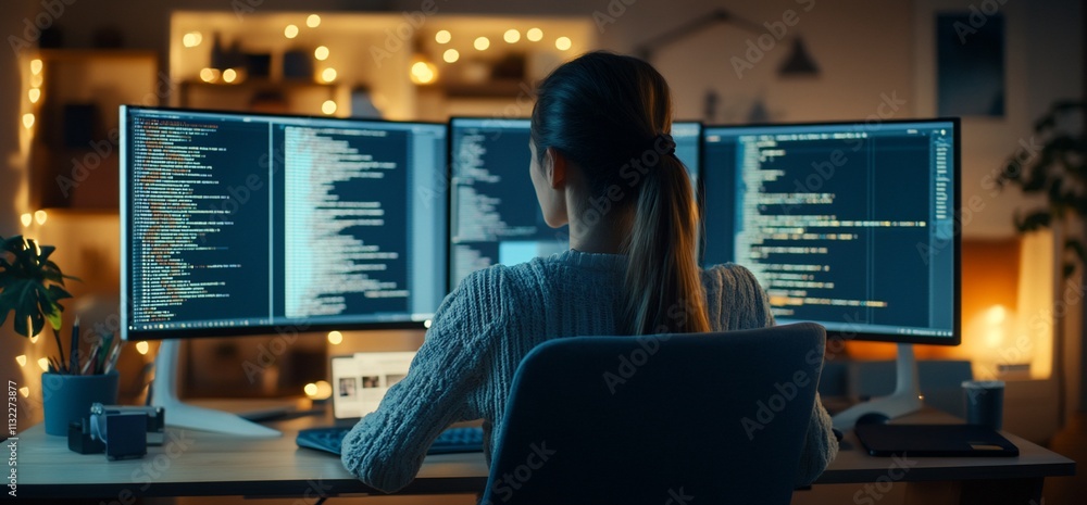 Poster A person coding at a desk with multiple monitors in a cozy, illuminated space.