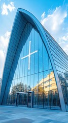 Obraz premium Modern glass church reflecting the sky, cross etched in its structure, innovation meets spirituality
